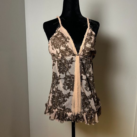 Pink and brown Mango sheer vintage boho floral top with amazing neckline - Picture 1 of 5